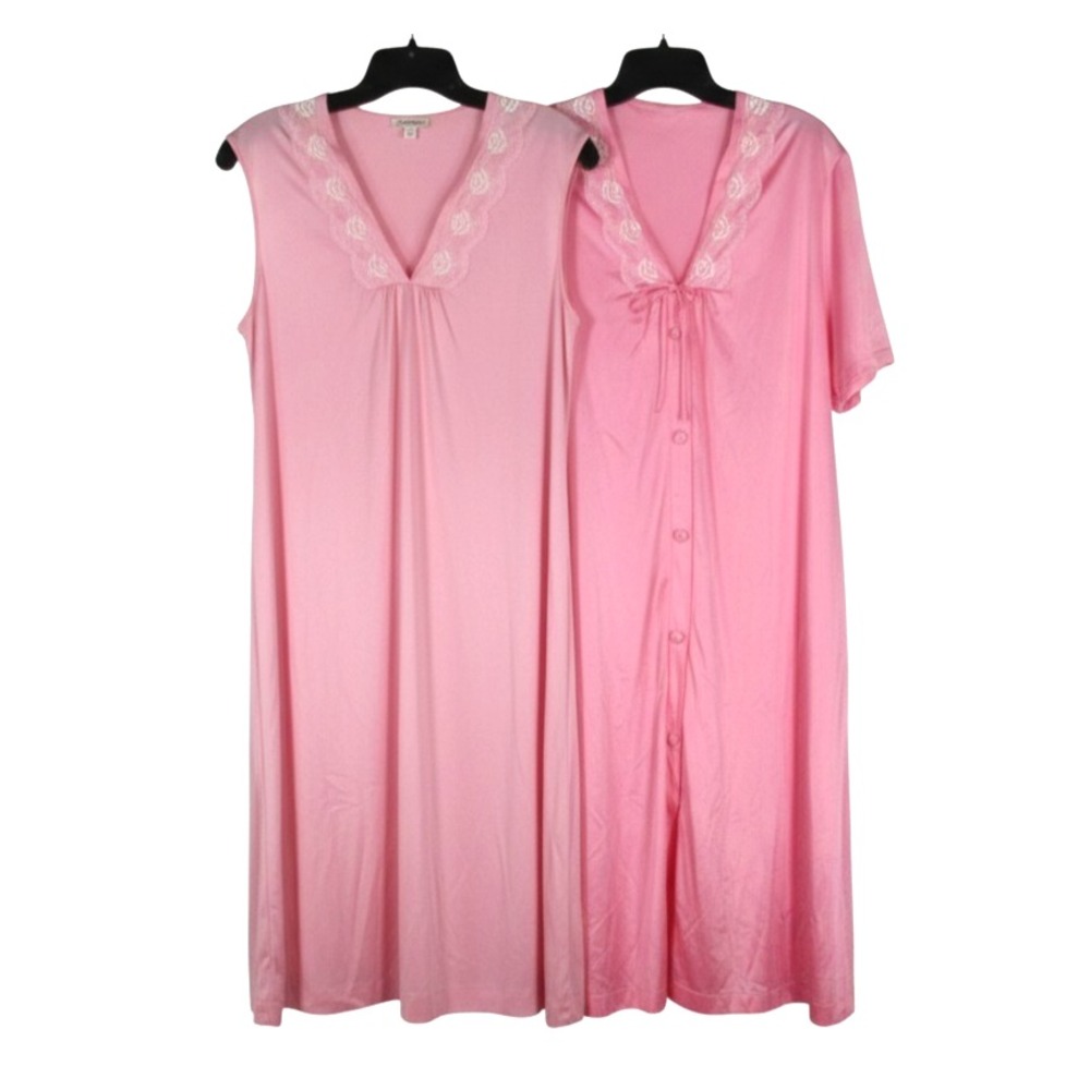 VTG JCPENNEY Pink NYLON Floral Lace Trim LOUNGE ROBE/NIGHTGOWN SET Sz L